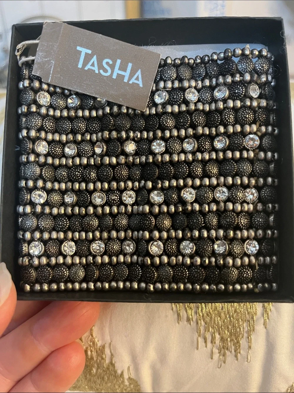 NWT: TASHA GEM BEADED BLACK/SILVER CUFF BRACELET